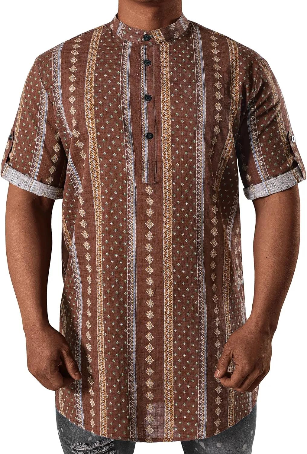 JOGAL Mens Striped Henley Shirt Short Sleeve Traditional African Style Dashiki Shirts