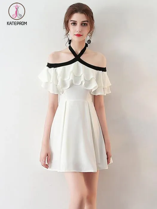 Kateprom Chic Light Ivory Halter Ruffles Chiffon Short Homecoming Dresses,Short Prom Dresses KPH0277