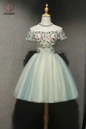 Kateprom Cute Off the Shoulder Tulle Homecoming Dress, Light Green Short Prom Dress with Flowers KPH0333