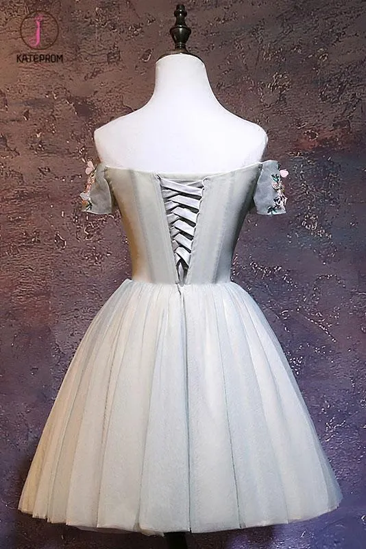 Kateprom Cute Off the Shoulder Tulle Homecoming Dress, Light Green Short Prom Dress with Flowers KPH0333