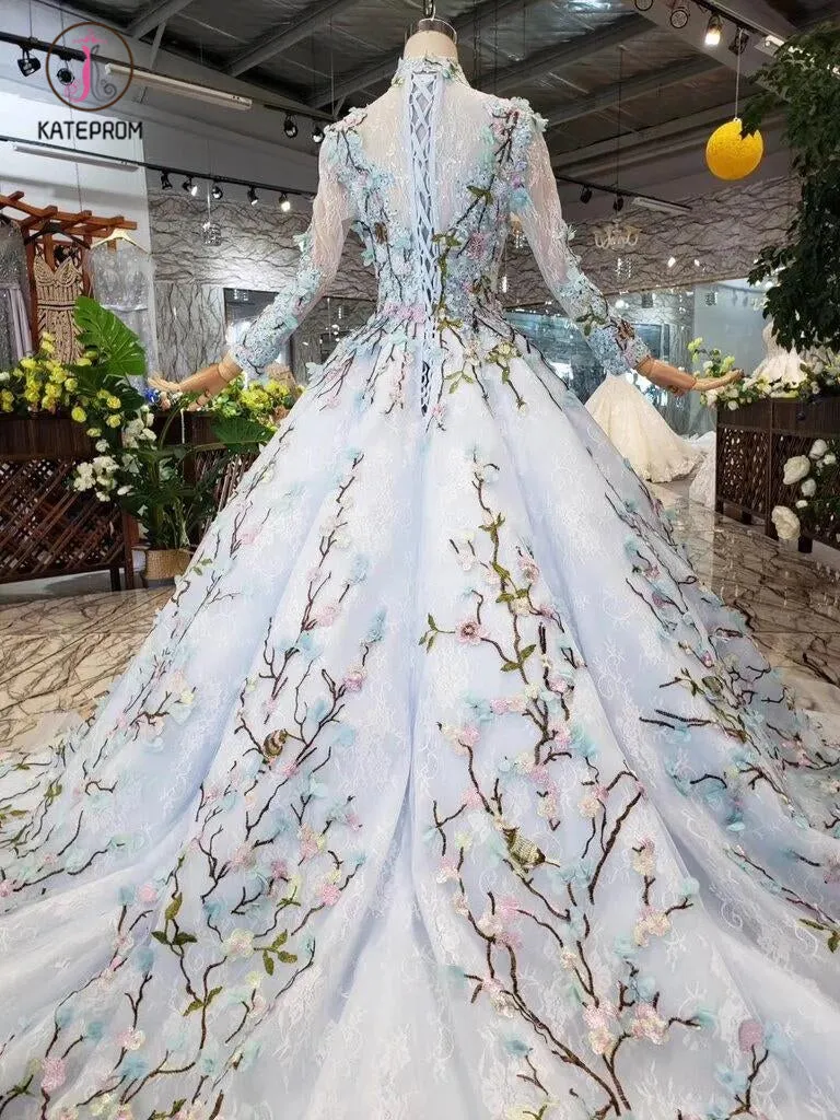 Light Blue Ball Gown Wedding Dresses with Lace Flowers, Beading Quinceanera Dresses KPW0334