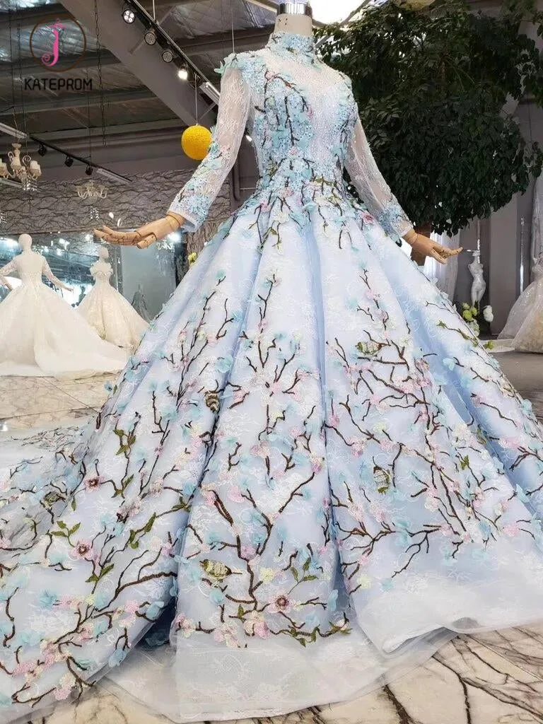 Light Blue Ball Gown Wedding Dresses with Lace Flowers, Beading Quinceanera Dresses KPW0334