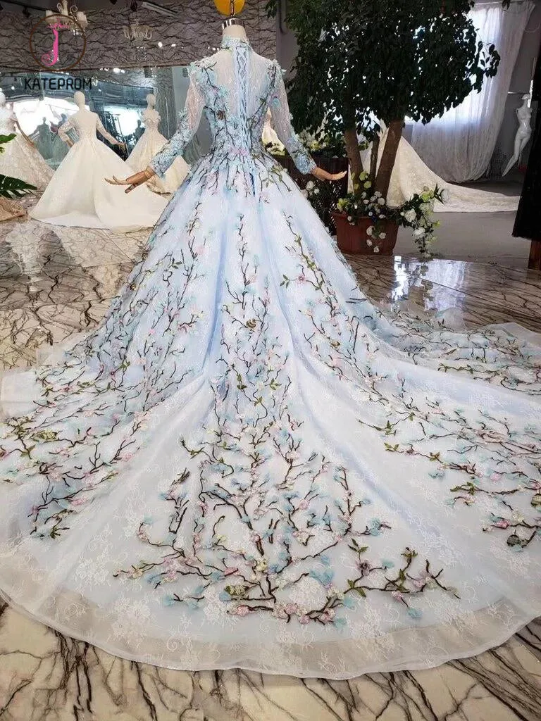 Light Blue Ball Gown Wedding Dresses with Lace Flowers, Beading Quinceanera Dresses KPW0334