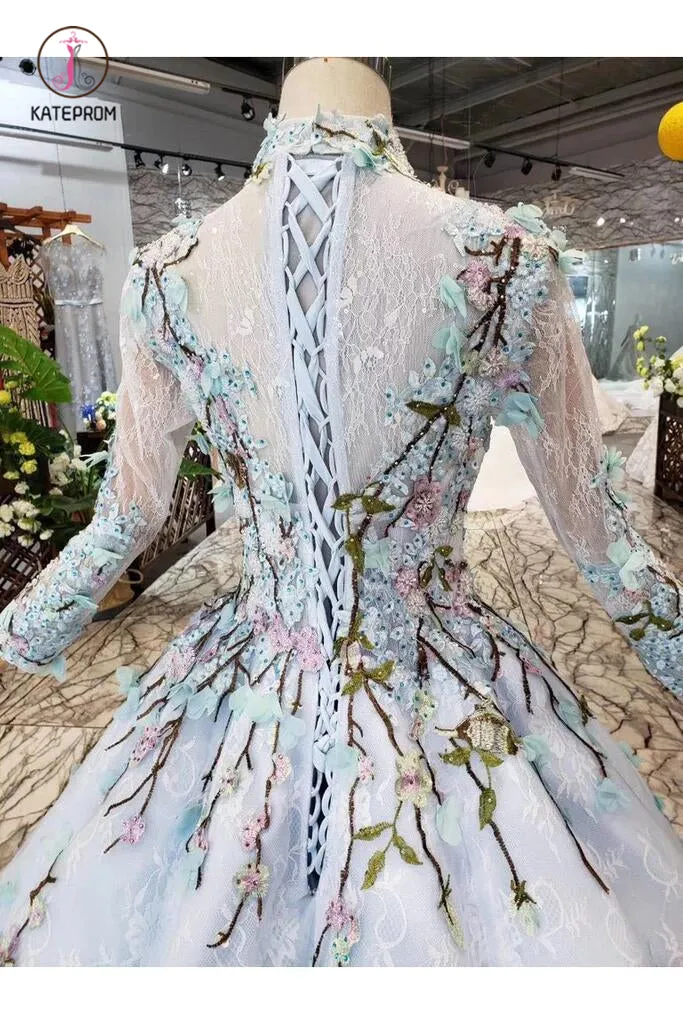 Light Blue Ball Gown Wedding Dresses with Lace Flowers, Beading Quinceanera Dresses KPW0334