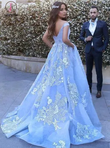 Light Blue Ball Gowns Prom Dresses,Lace Appliques Off Shoulder Big Wedding Dresses KPW0068
