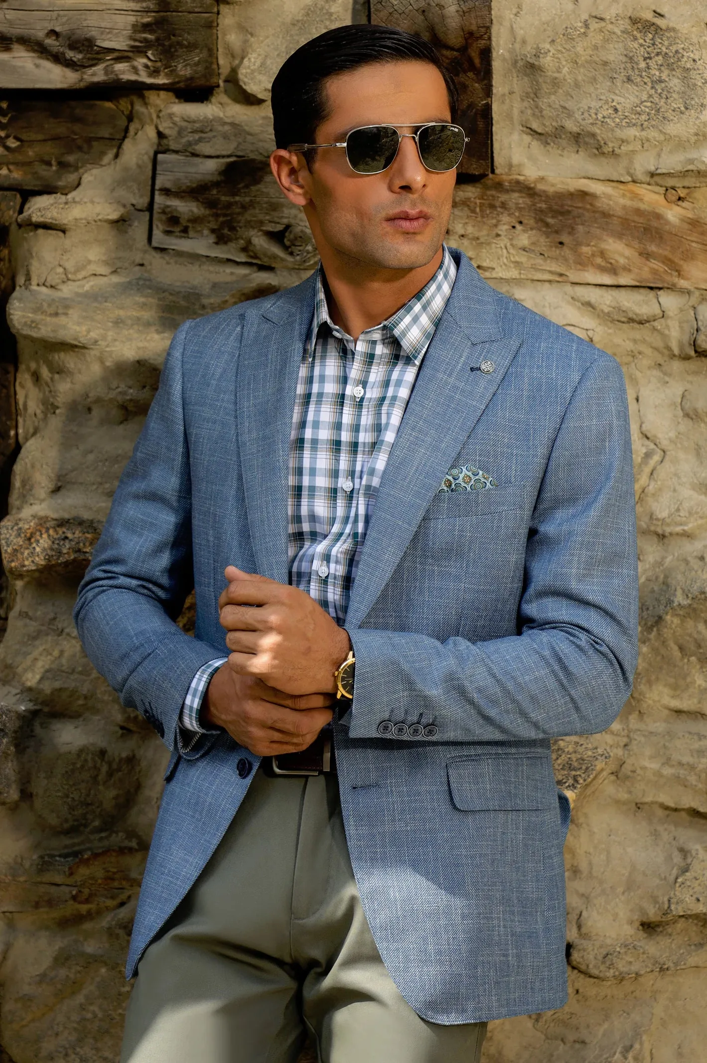 Light Blue Check Blazer for Men
