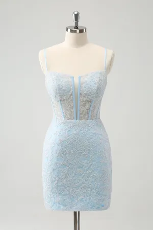 Luolandi Light Blue Corset Spaghetti Straps Short Tight Homecoming Dresses with Lace Up Back Sexy Party Dress
