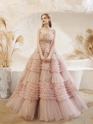 Luolandi Light Pink Tulle Layers Long Prom Dresses Beautiful Tulle Sweet 16 Dresses Off Shoulder