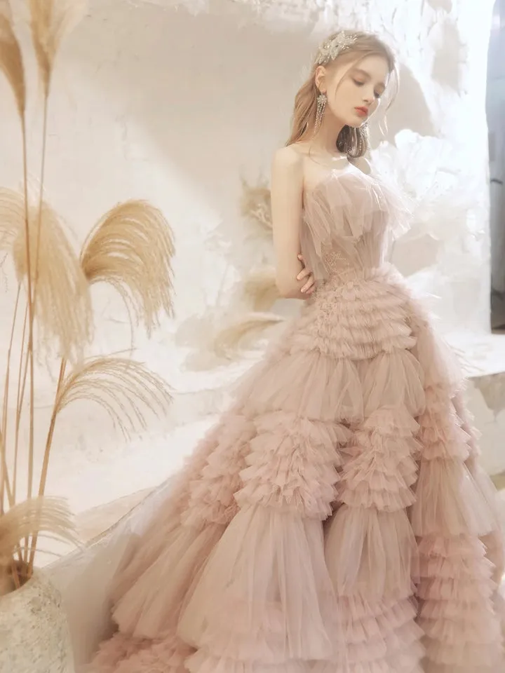 Luolandi Light Pink Tulle Layers Long Prom Dresses Beautiful Tulle Sweet 16 Dresses Off Shoulder