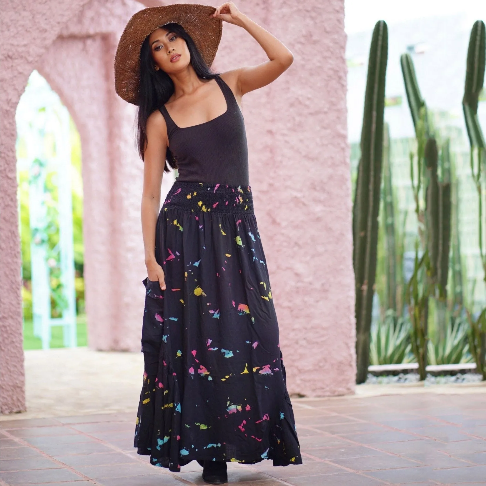 Maria Bohemian Ruffle Pockets Batik Maxi Skirt