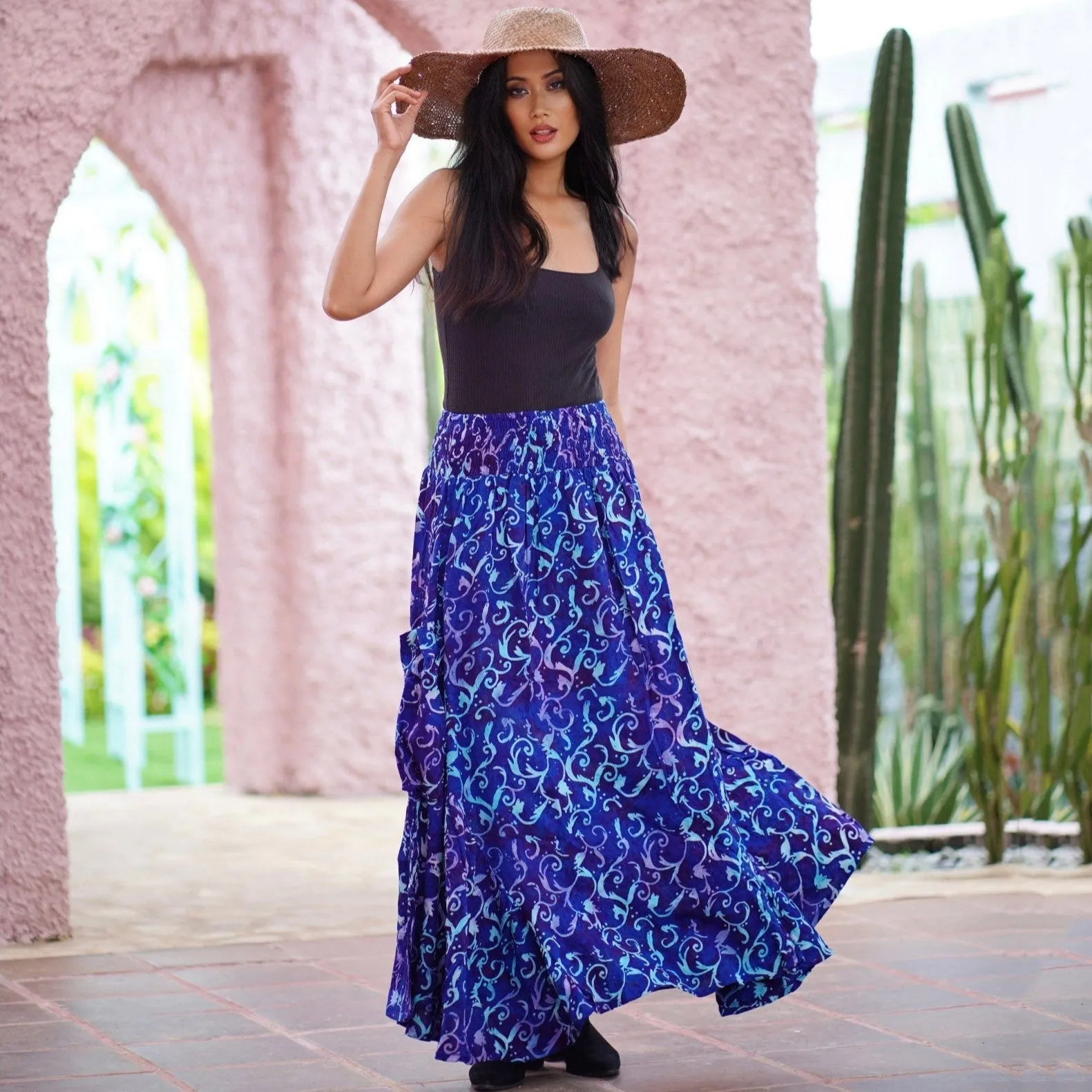 Maria Bohemian Ruffle Pockets Batik Maxi Skirt