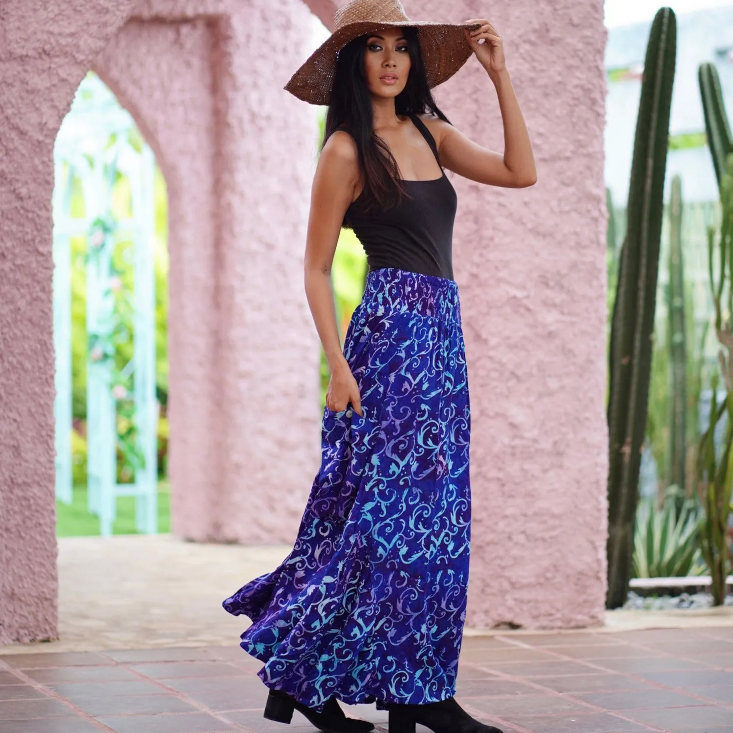 Maria Bohemian Ruffle Pockets Batik Maxi Skirt