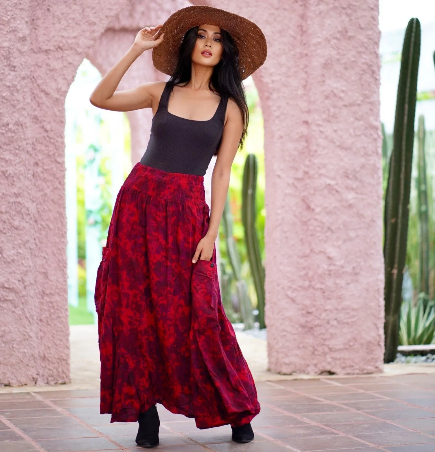 Maria Bohemian Ruffle Pockets Batik Maxi Skirt