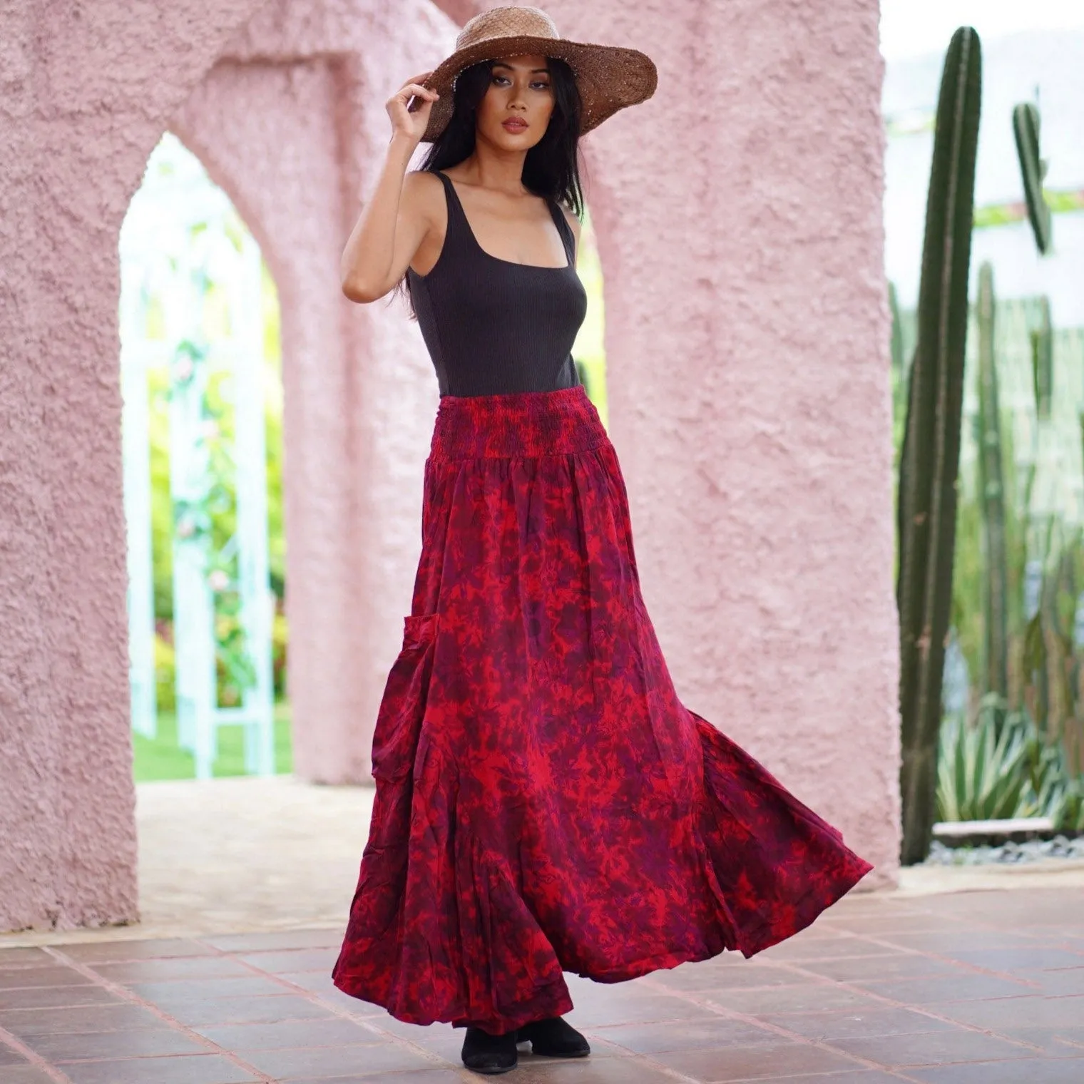 Maria Bohemian Ruffle Pockets Batik Maxi Skirt