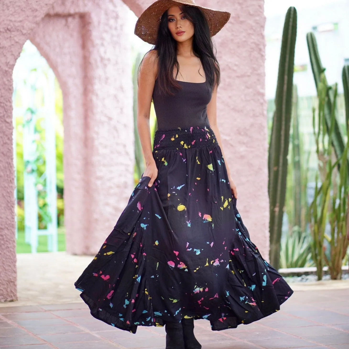 Maria Bohemian Ruffle Pockets Batik Maxi Skirt