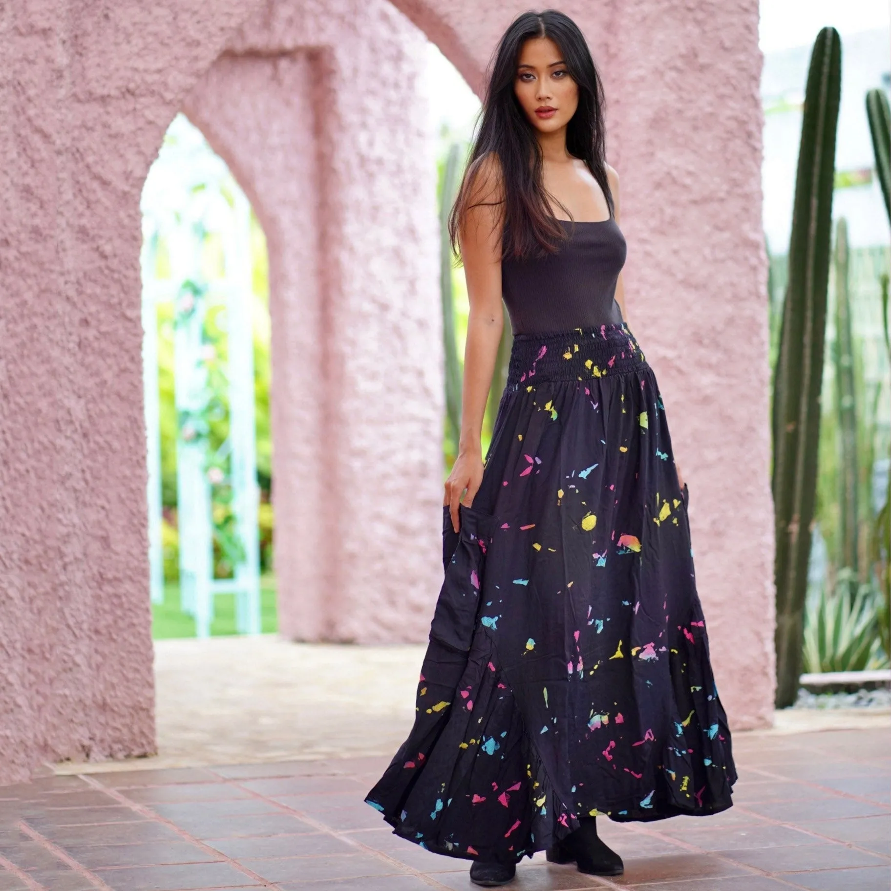 Maria Bohemian Ruffle Pockets Batik Maxi Skirt