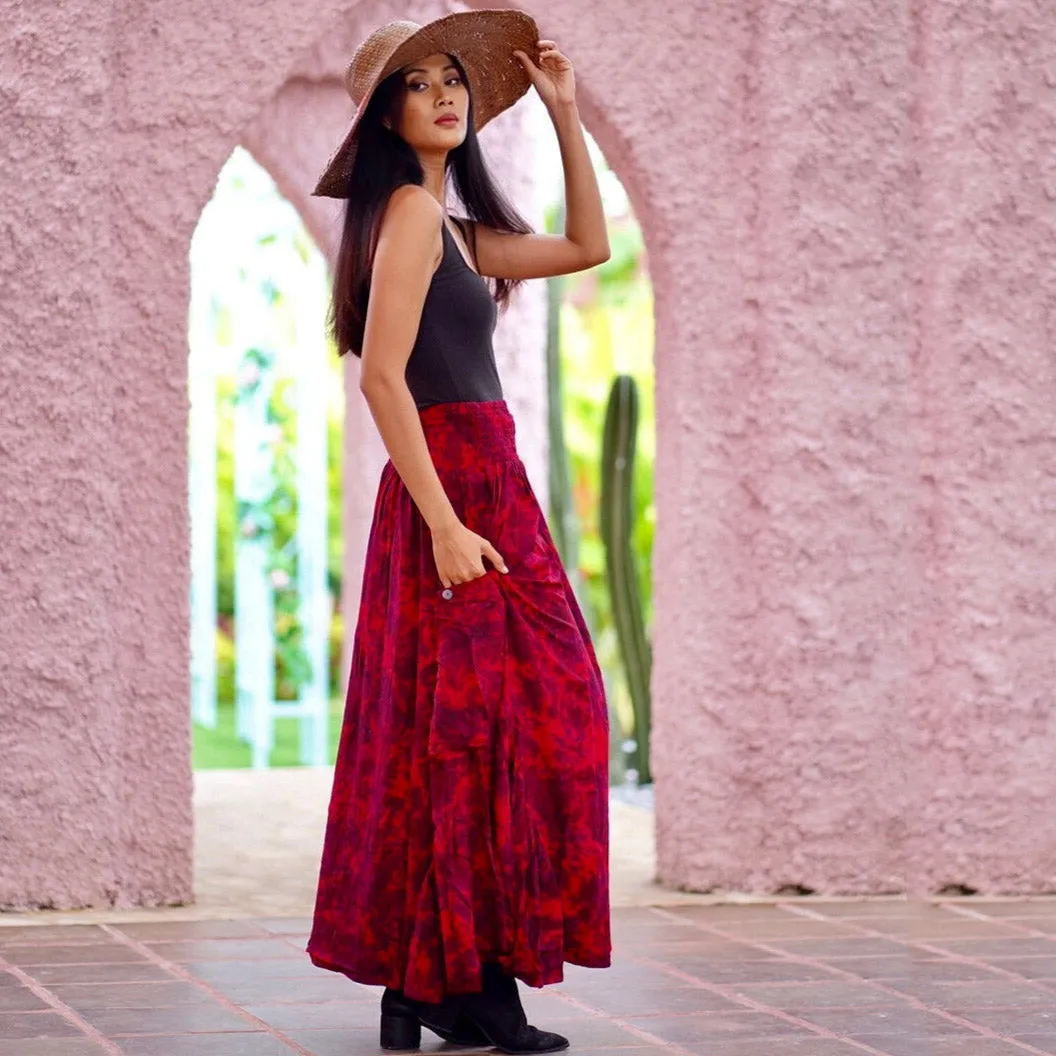Maria Bohemian Ruffle Pockets Batik Maxi Skirt
