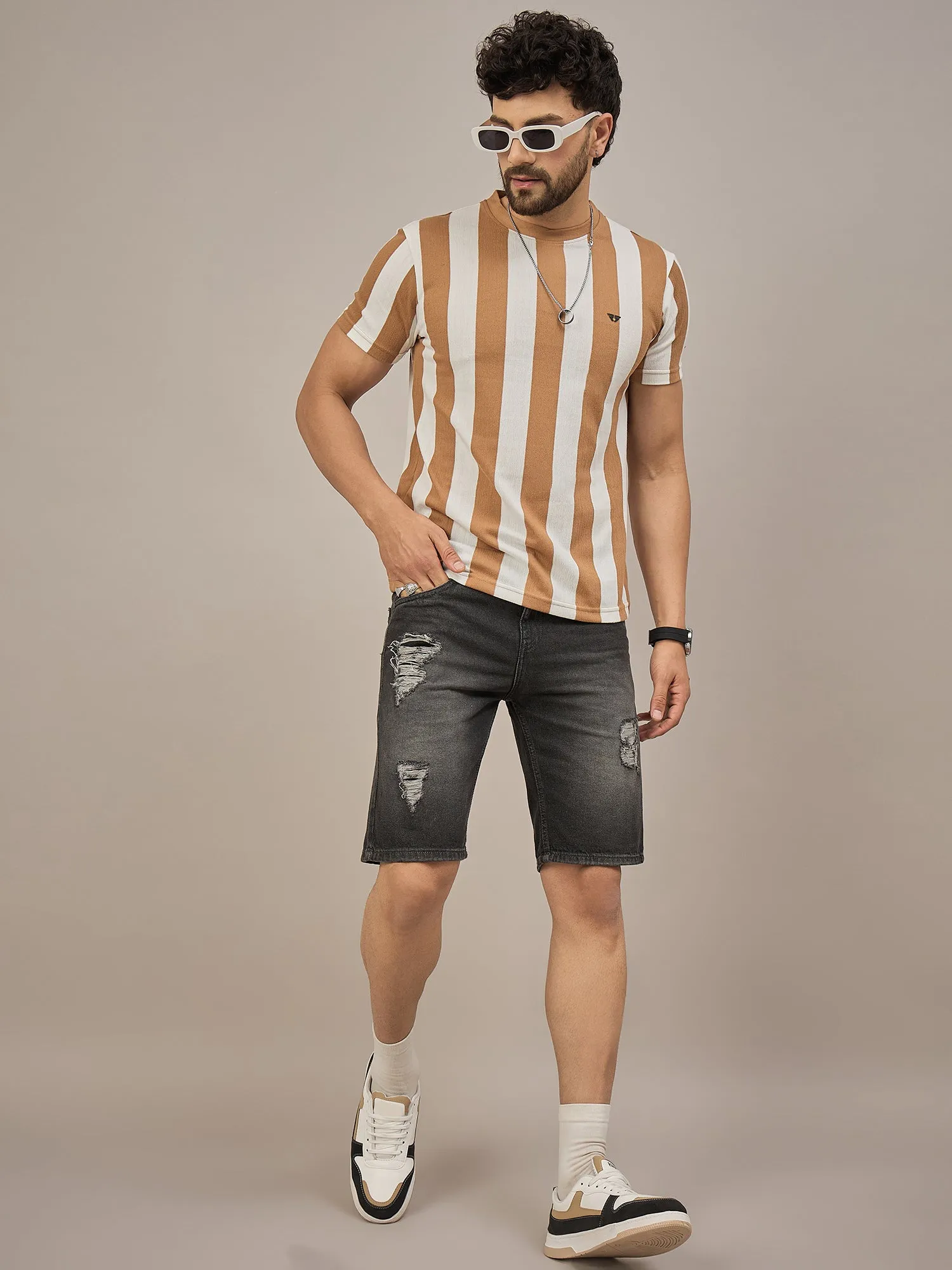 Men Striped T-shirt Light Brown & White