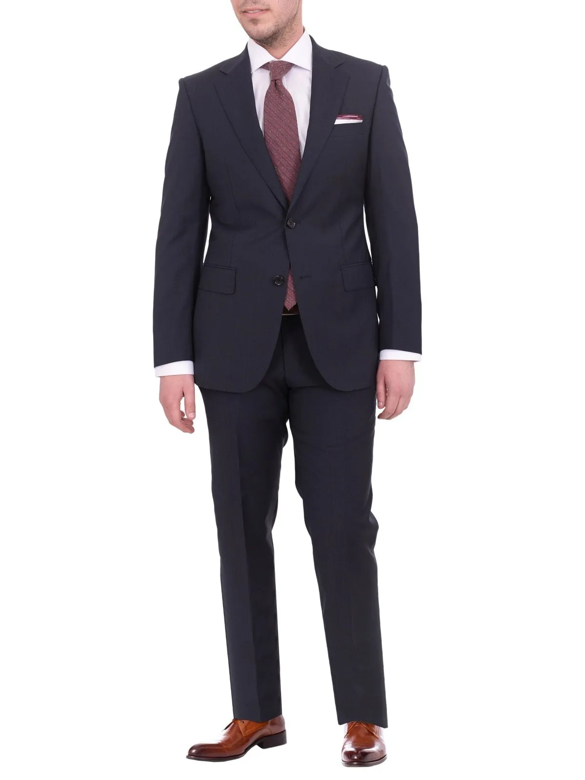 Mens Napoli Slim Fit Blue Textured Half Canvassed Marzotto Wool Suit