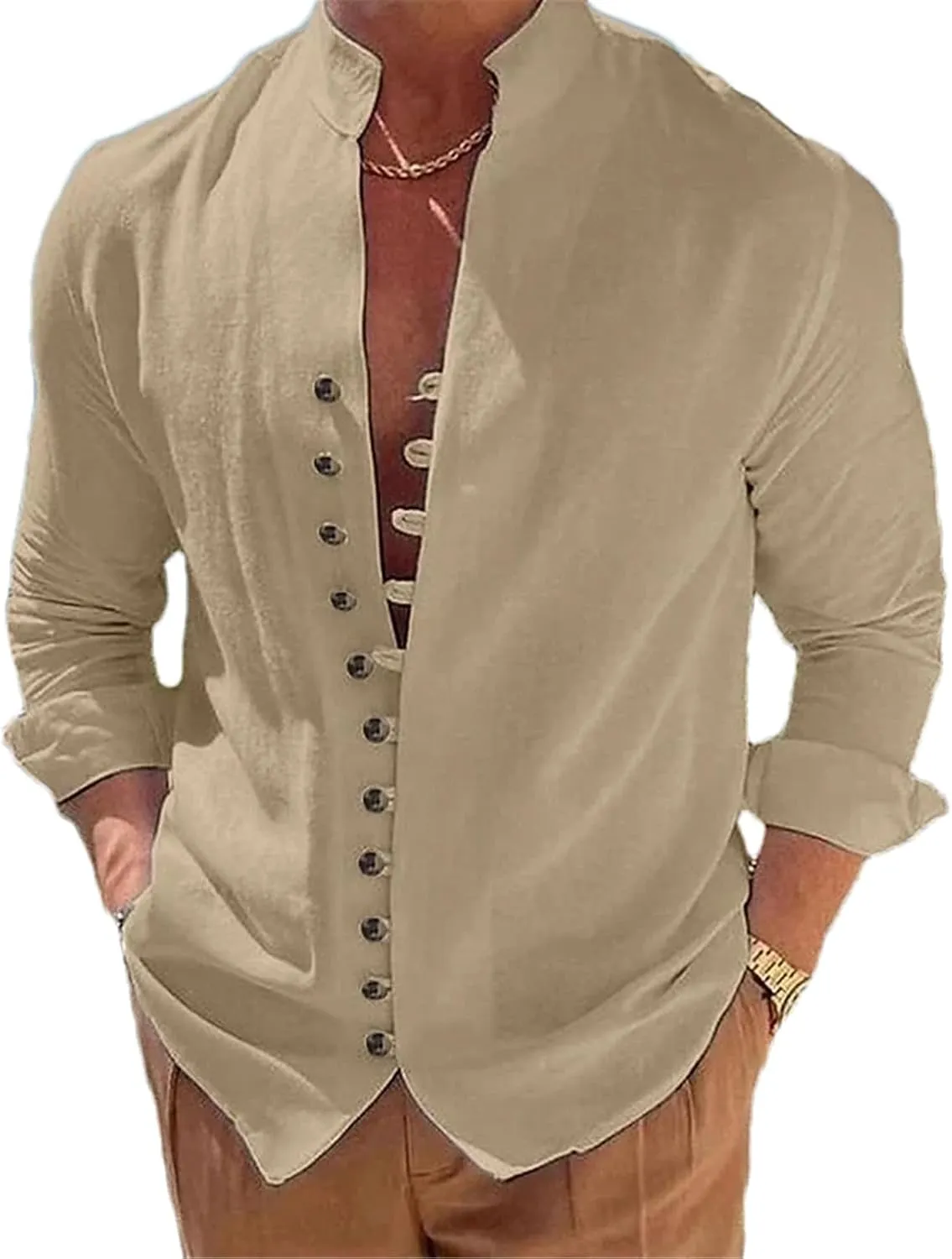 Men's Summer Casual Cotton Linen Long Sleeve Shirts Stand-Up Collar Single Breasted Slim Shirts Tops Camisas Male