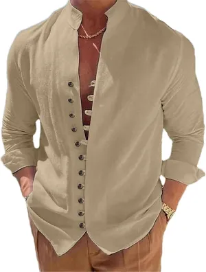 Men's Summer Casual Cotton Linen Long Sleeve Shirts Stand-Up Collar Single Breasted Slim Shirts Tops Camisas Male