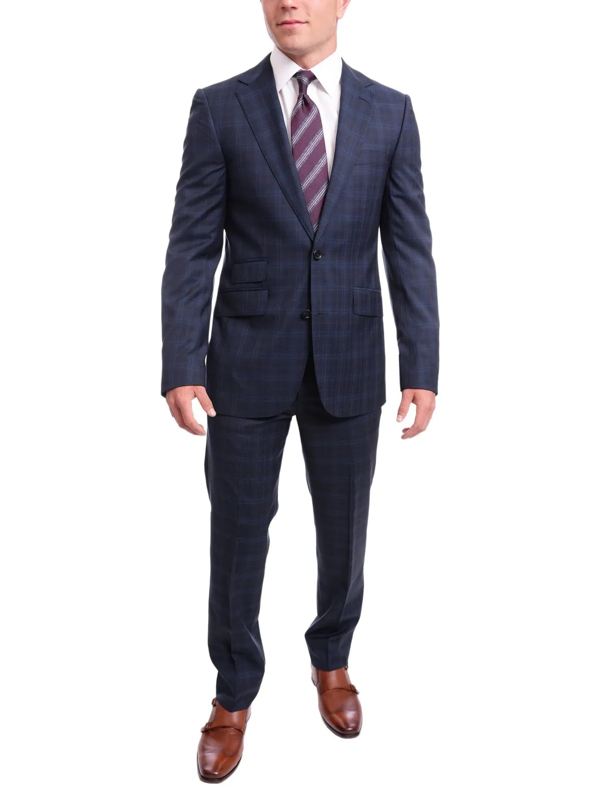Napoli Slim Fit Blue Plaid Half Canvassed Super 120s Guabello Wool Suit
