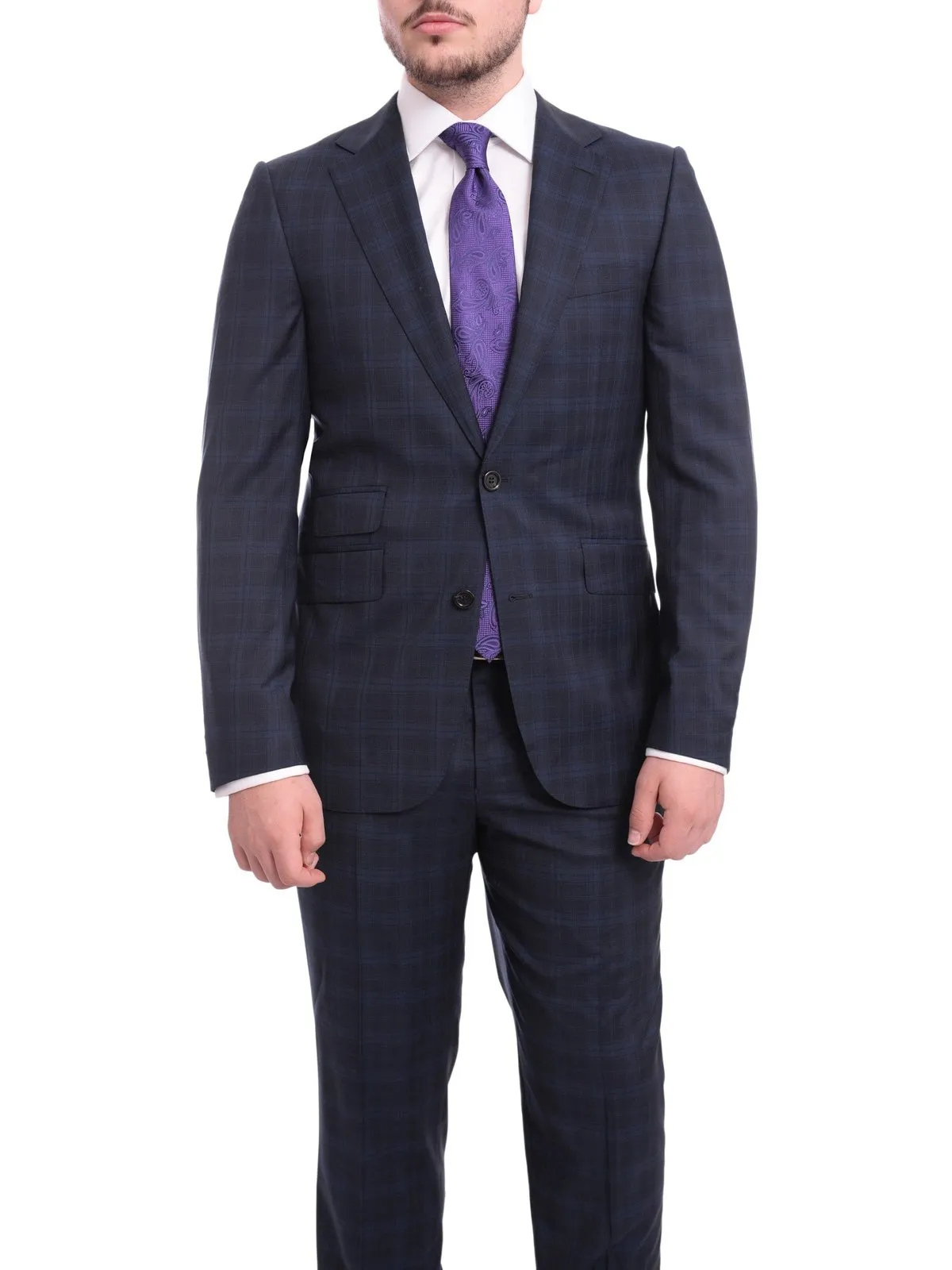 Napoli Slim Fit Blue Plaid Half Canvassed Super 120s Guabello Wool Suit