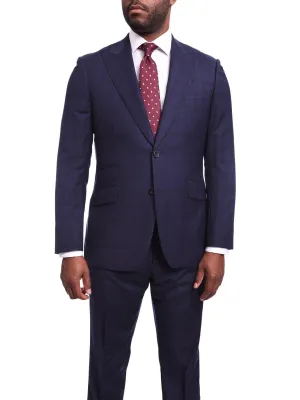 Napoli Slim Fit Navy Blue Plaid Half Canvassed Wool Suit With Wide Peak Lapels