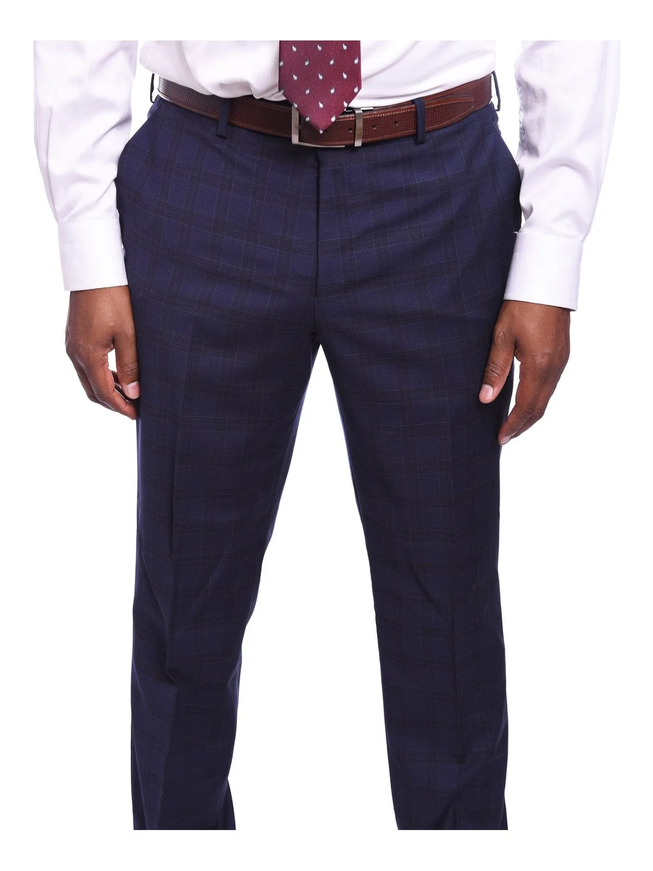 Napoli Slim Fit Navy Blue Plaid Half Canvassed Wool Suit With Wide Peak Lapels