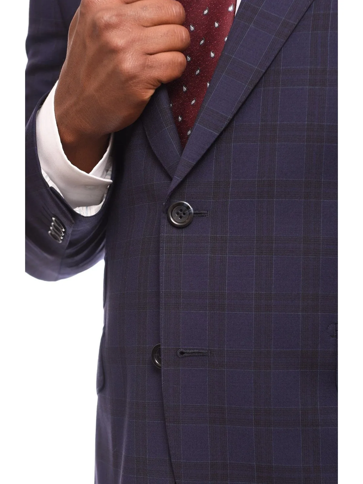 Napoli Slim Fit Navy Blue Plaid Half Canvassed Wool Suit With Wide Peak Lapels