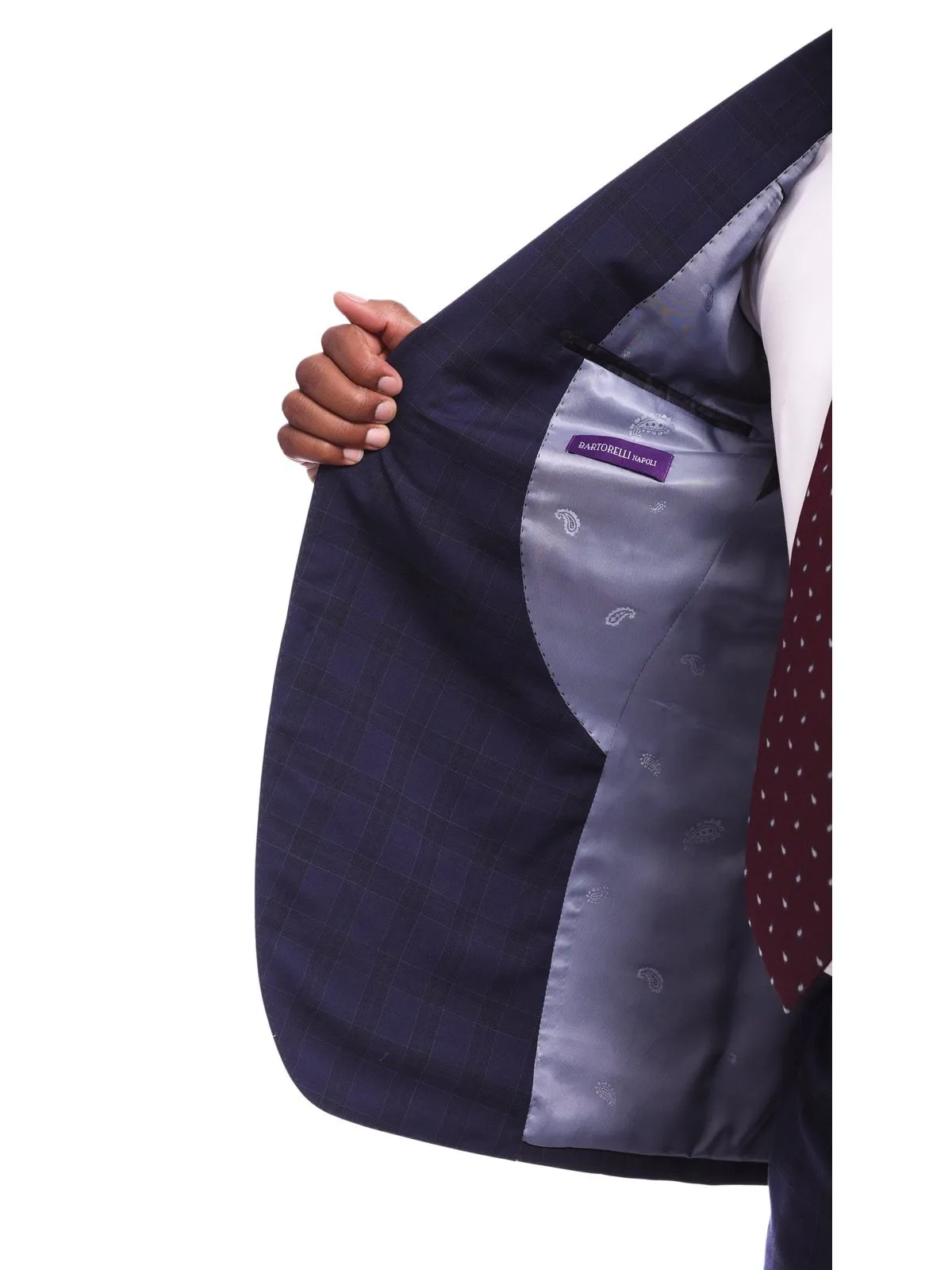 Napoli Slim Fit Navy Blue Plaid Half Canvassed Wool Suit With Wide Peak Lapels