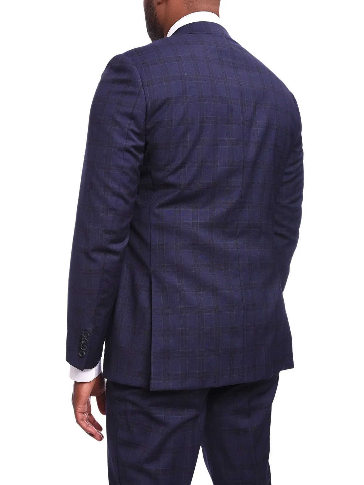 Napoli Slim Fit Navy Blue Plaid Half Canvassed Wool Suit With Wide Peak Lapels