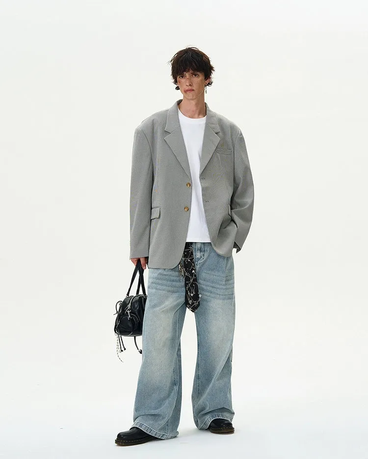 Oversized Checker Single-Breasted Blazer with Flap Pockets