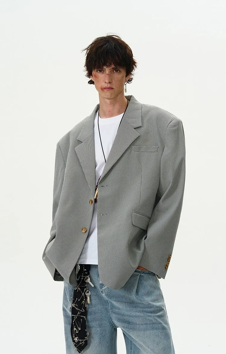 Oversized Checker Single-Breasted Blazer with Flap Pockets