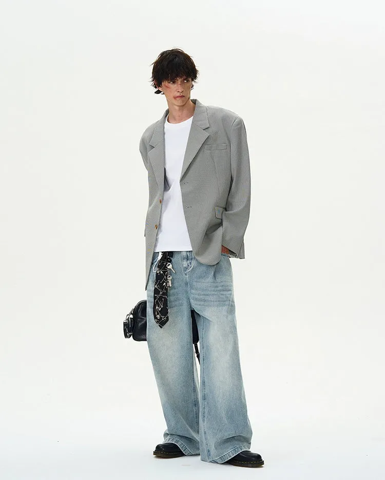 Oversized Checker Single-Breasted Blazer with Flap Pockets