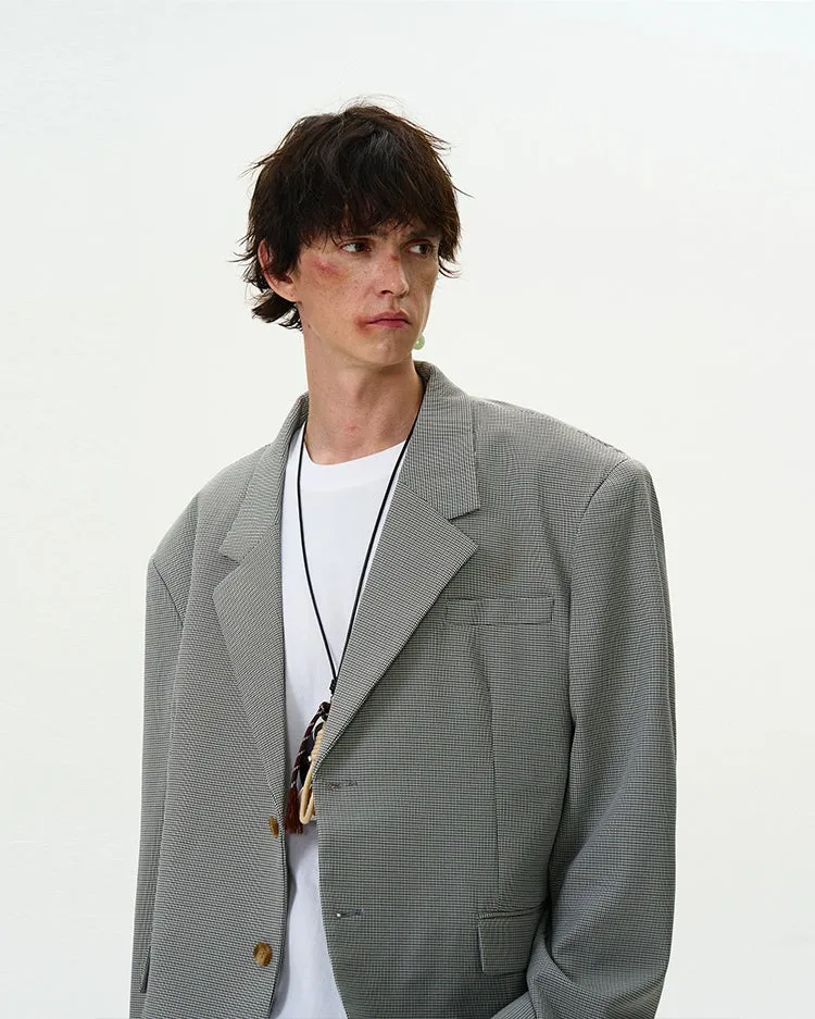Oversized Checker Single-Breasted Blazer with Flap Pockets