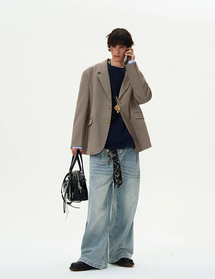 Oversized Checker Single-Breasted Blazer with Flap Pockets