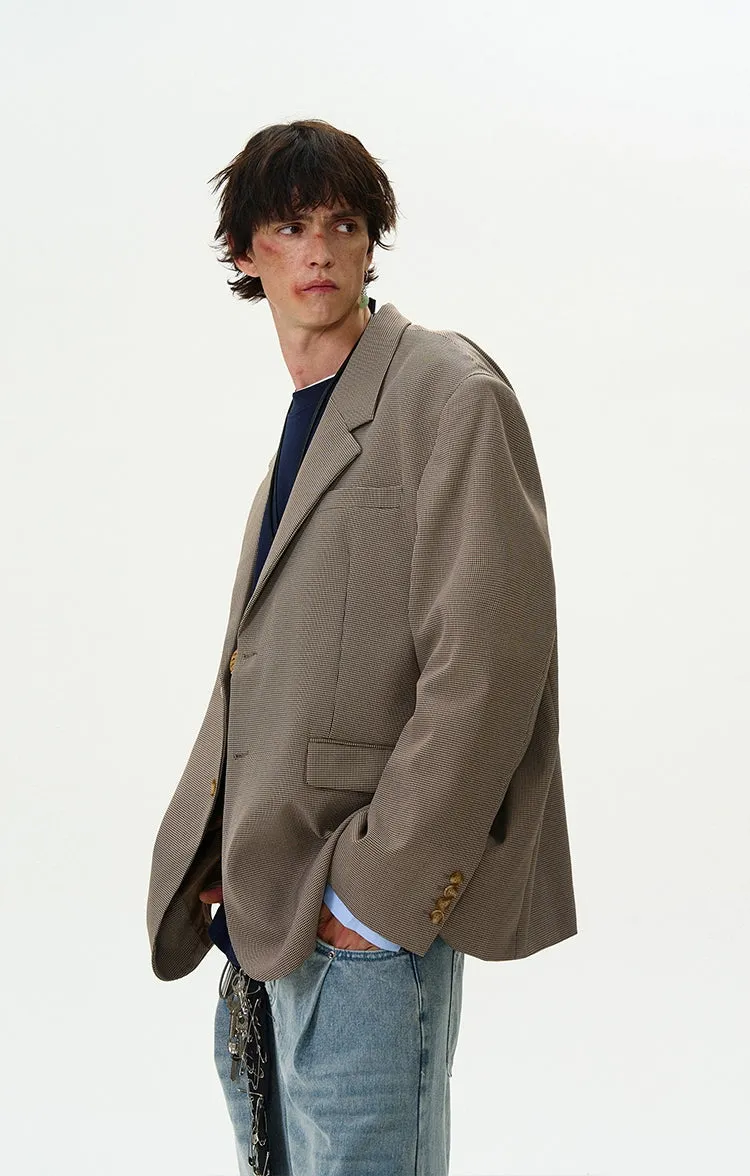 Oversized Checker Single-Breasted Blazer with Flap Pockets
