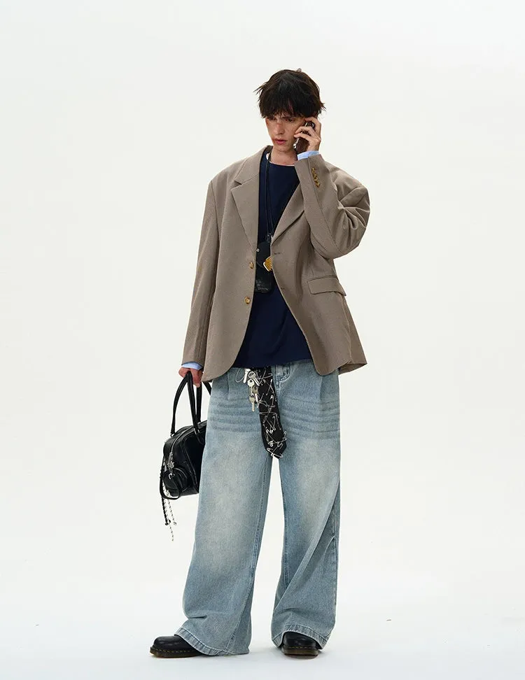 Oversized Checker Single-Breasted Blazer with Flap Pockets