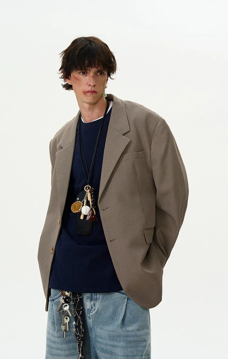 Oversized Checker Single-Breasted Blazer with Flap Pockets