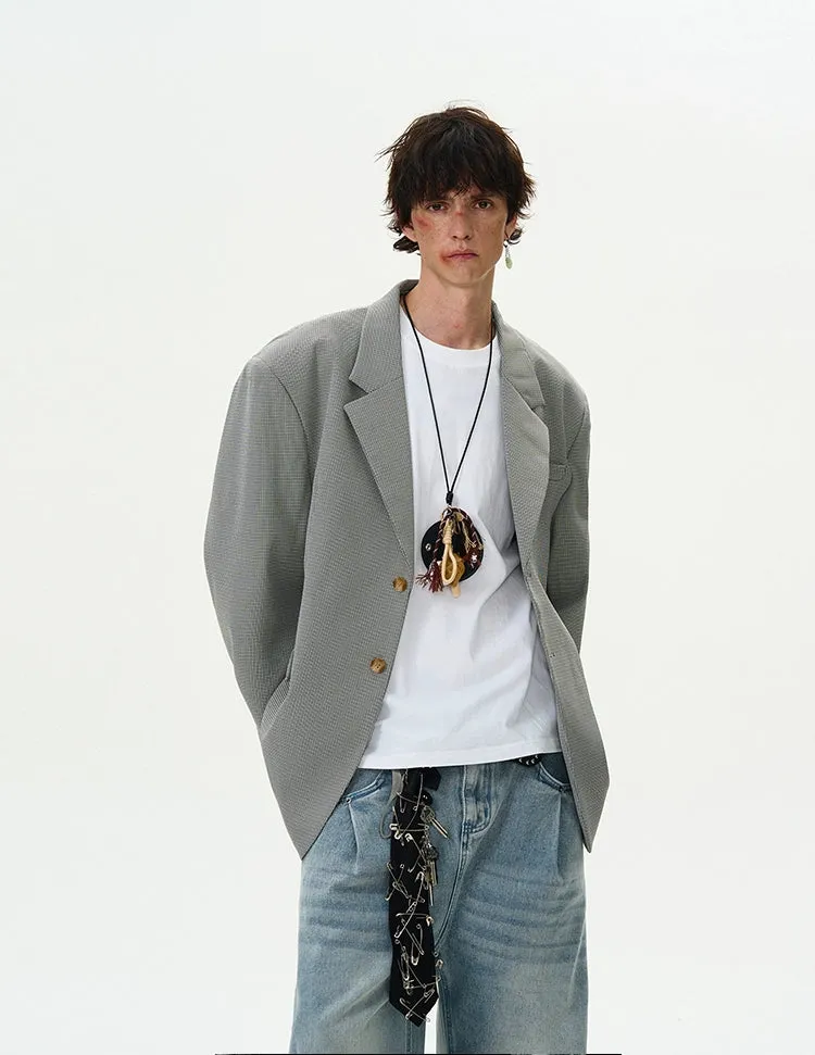 Oversized Checker Single-Breasted Blazer with Flap Pockets