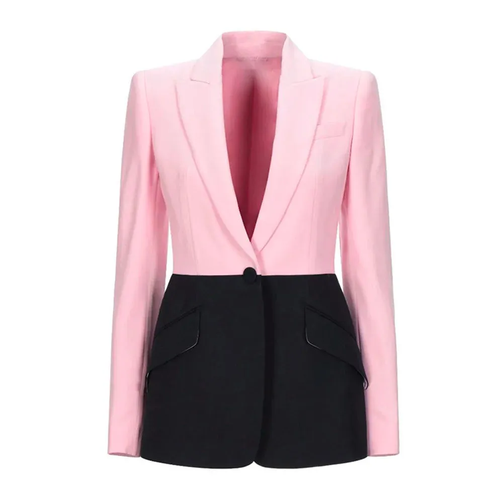 Pink and Black Color Block Casual Blazer