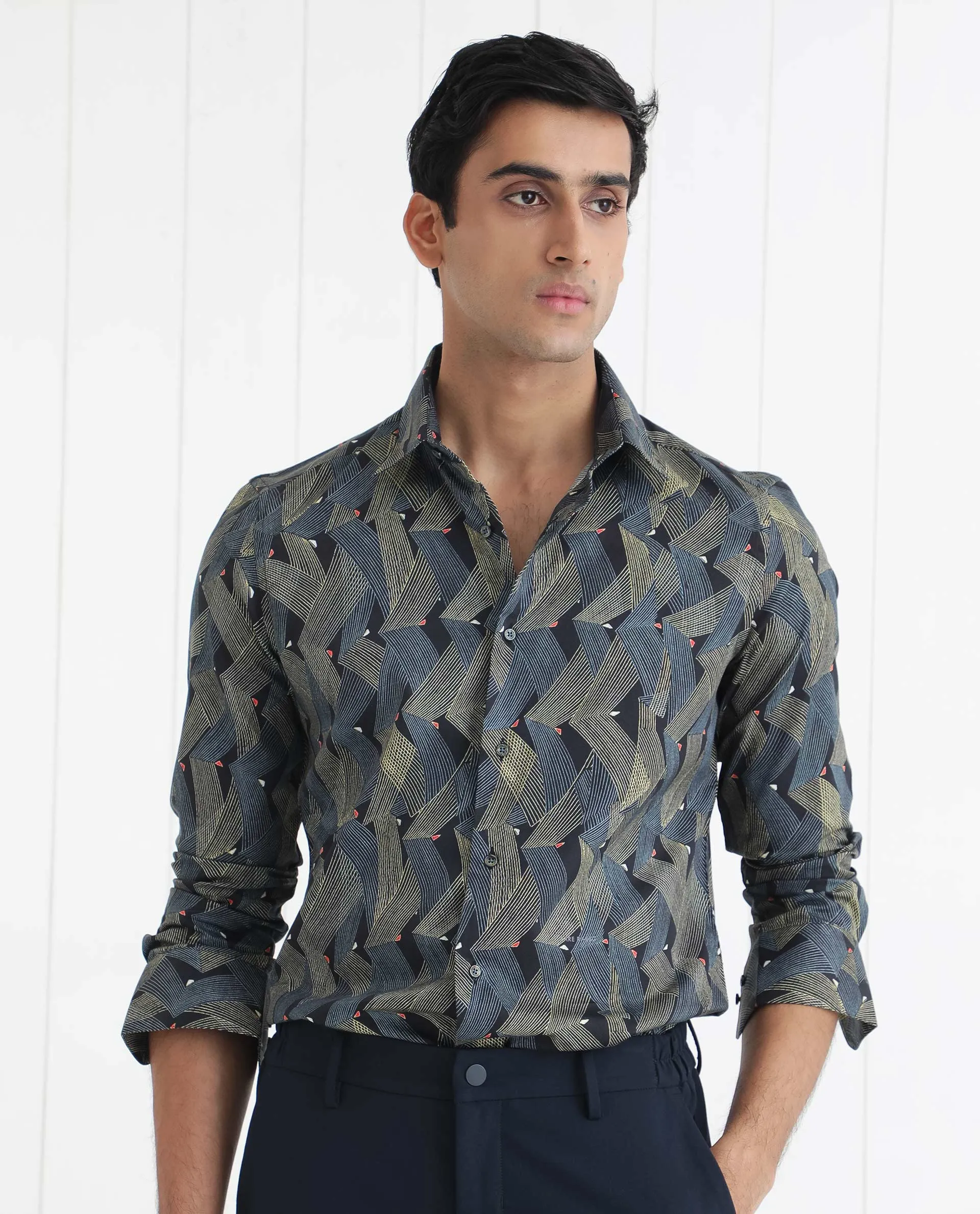 Rare Rabbit Men's Nant Black Cotton Viscose Fabric Geometric Print Full Sleeves Shirt