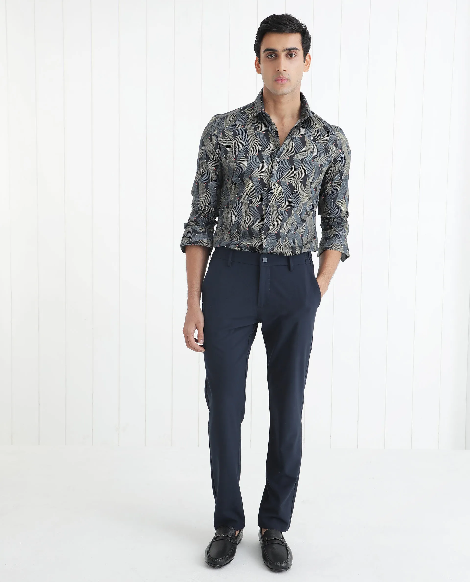 Rare Rabbit Men's Nant Black Cotton Viscose Fabric Geometric Print Full Sleeves Shirt