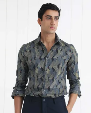 Rare Rabbit Men's Nant Black Cotton Viscose Fabric Geometric Print Full Sleeves Shirt