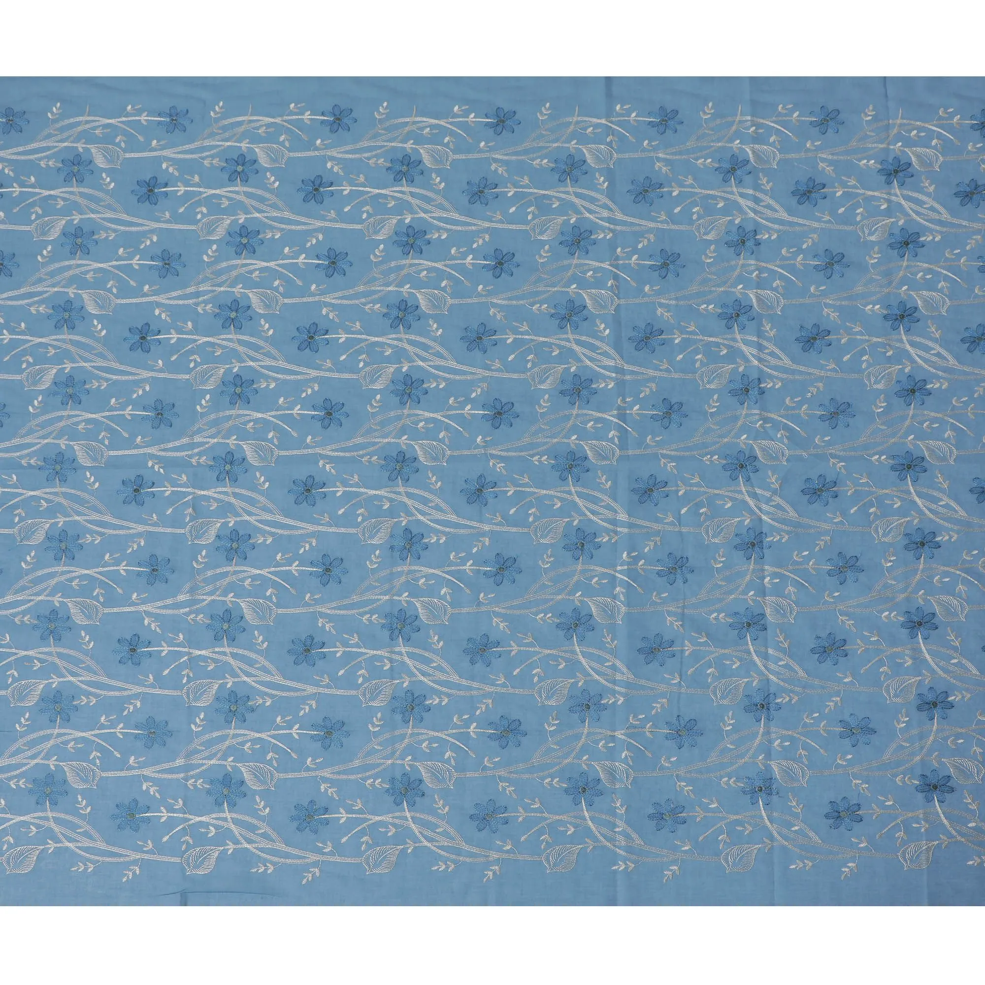 Sapphire Dreams Embroidered Cotton Lawn Fabric - Rich Blue with Silver Motifs, 110cm Width-D18757
