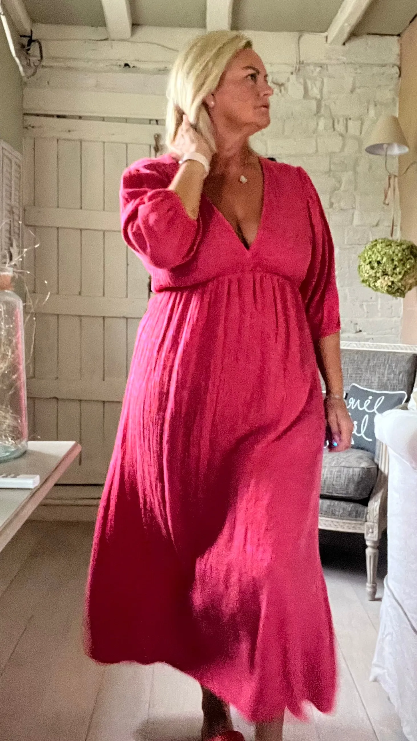 Sicily long sleeved v neck cheesecloth maxi sundress in fuchsia leopard print