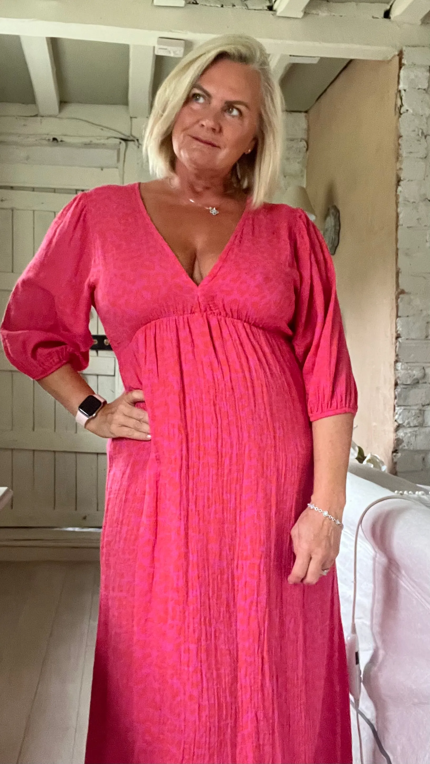 Sicily long sleeved v neck cheesecloth maxi sundress in fuchsia leopard print