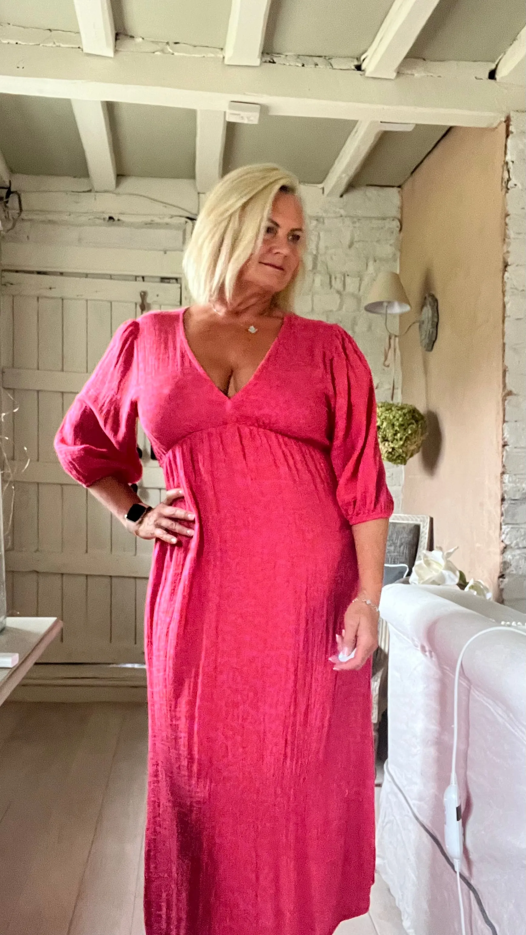 Sicily long sleeved v neck cheesecloth maxi sundress in fuchsia leopard print