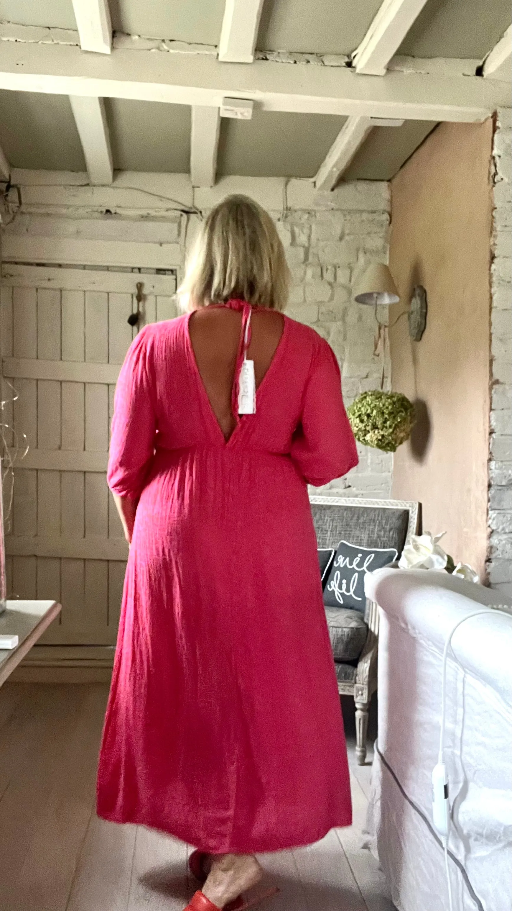 Sicily long sleeved v neck cheesecloth maxi sundress in fuchsia leopard print